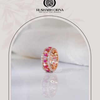 Rose Gold Pink Sapphire Eternity Band Ring with sparkling white stones