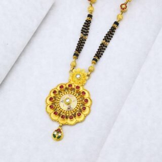 Rushbh Orna Royal Floral Meenakari Mangalsutra with black beads and red green pendant detailing