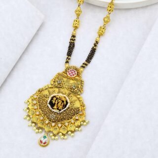 Rushbh Orna Rajvanshi Heritage Temple Mangalsutra with ornate pendant, black beads and pearl-like detailing