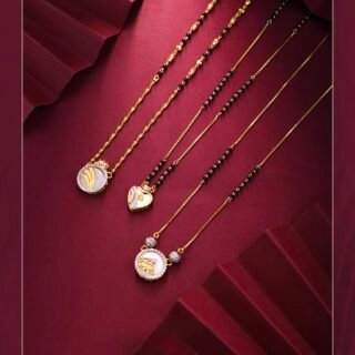 Rushbh Orna Avyara Grace black bead Mangalsutra with delicate gold chain and floral, heart and round pendant designs