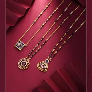 Floral halo black bead Mangalsutra with gold-tone chain and pendant detailing by Rushbh Orna